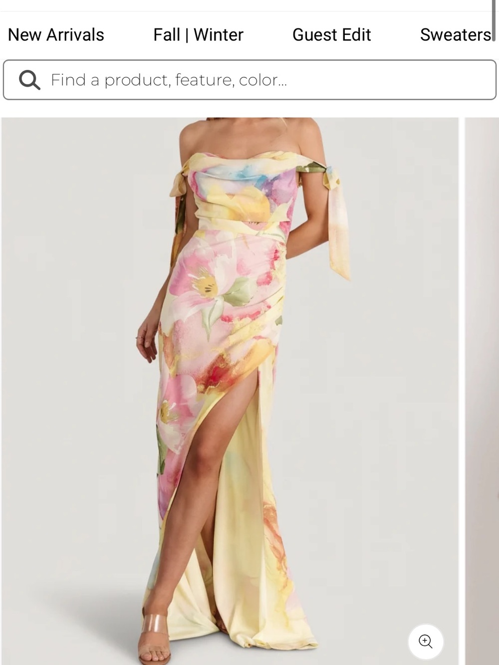 Off-Shoulder Floral Evening Gown in Pastel Yellow and Pink